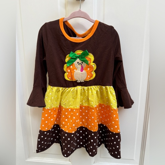 Other - Girls 2T Brown, Yellow, Orange Long Sleeve Thanksgiving Turkey Long Sleeve Dress